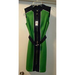 Tommy Hilfiger sleeveless Green Color-block Sheath Front Zip Belt DressNWT